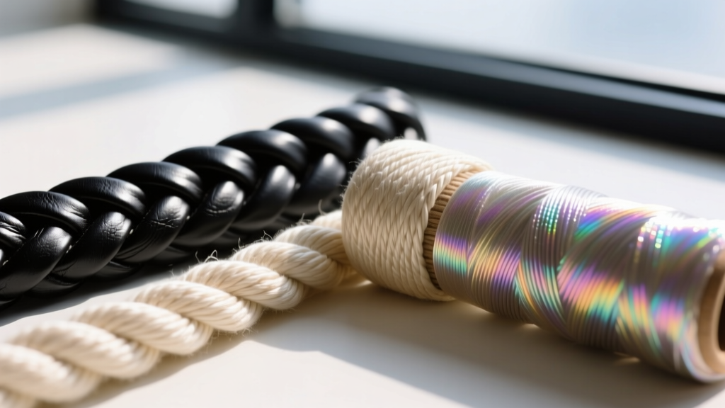 Macro close-up of three stringing materials: braided black leather, waxed cotton cord, and iridescent nylon thread