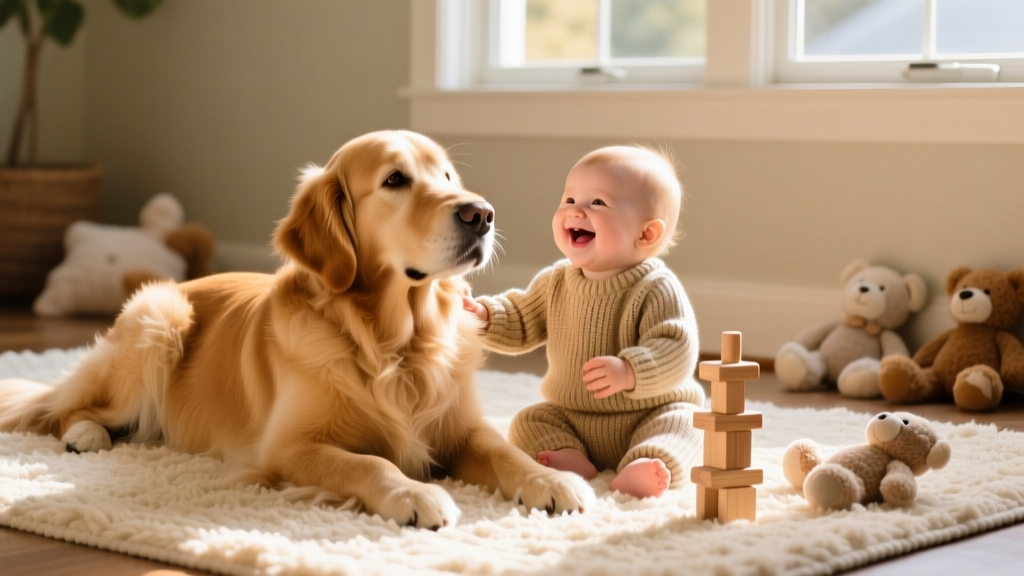 Beau the Golden Retriever lying beside a baby on a soft rug, both relaxed and calm, with toys nearby