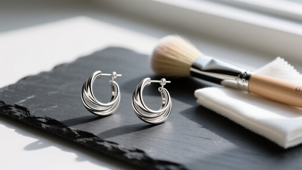 Macro shot of sterling silver french wire earrings on a dark slate mat, beside a soft bristle brush and microfiber cloth.