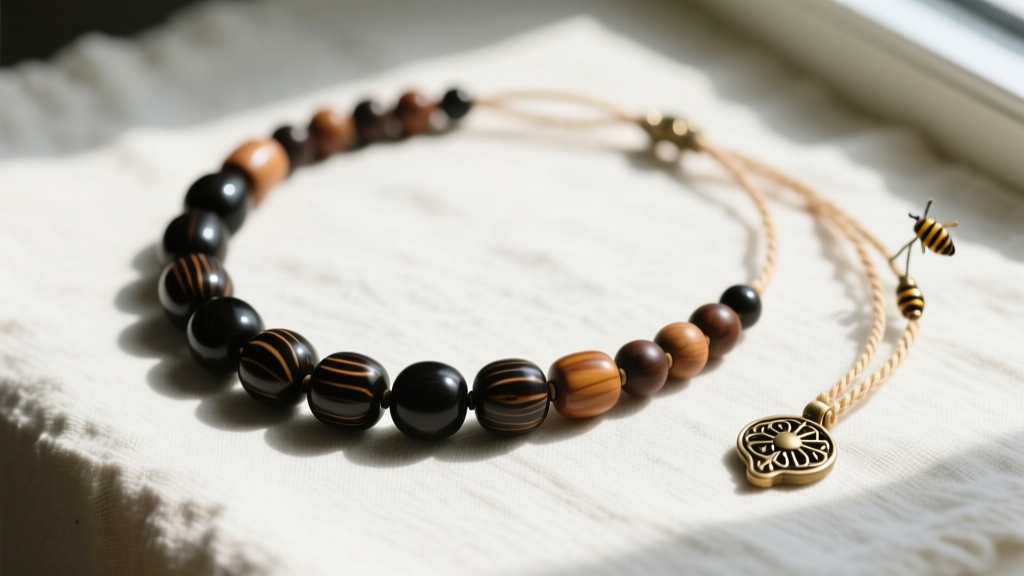 Flat lay of a disassembled vintage wooden bead necklace on a linen cloth, featuring dark ebony beads, beeswax, and a brass clasp.