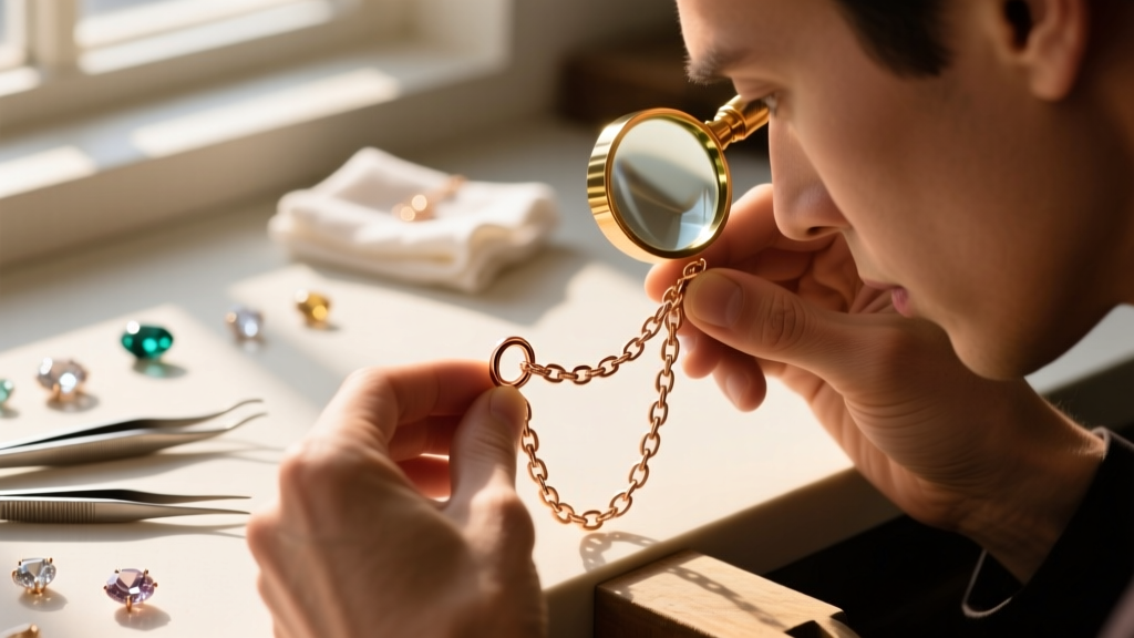 Jeweler inspecting a soldered jump ring on an 18k rose gold rollo chain with a loupe, warm lighting on a jewelry workbench