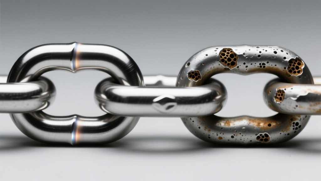 Macro view of two chain links, one with seamless laser welding and the other showing porous solder on a neutral gray background