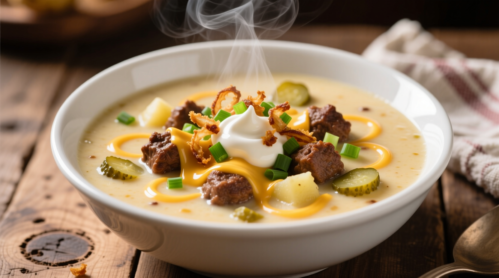 Cheese burger potato soup in white bowl with toppings