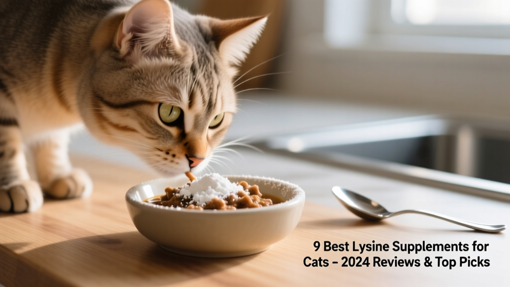 Close-up of a calm, healthy adult cat gently sniffing a small bowl of lysine powder mixed into wet food