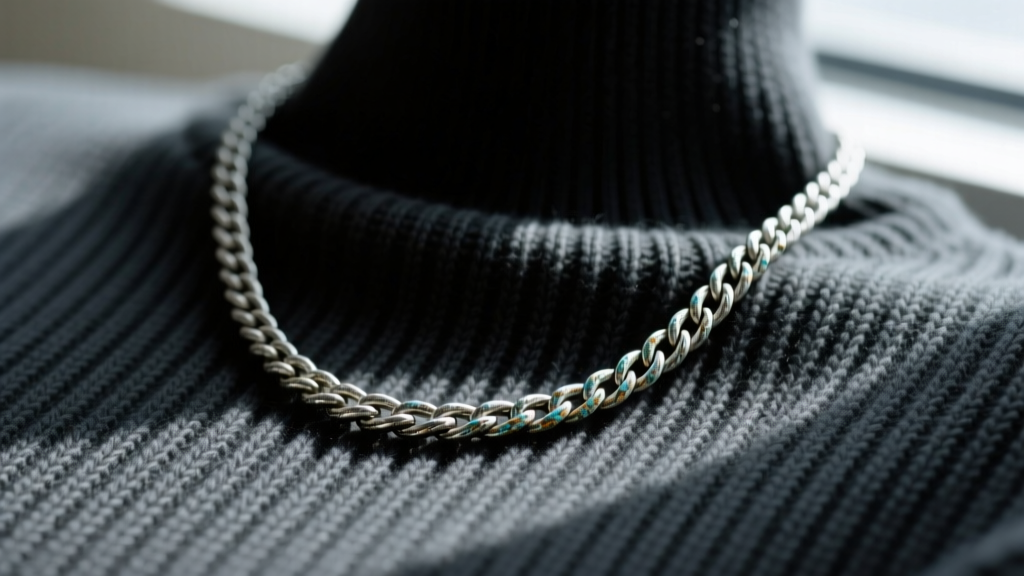 Macro photography of a 3mm oxidized silver rope chain resting on the textured ribbed knit fabric of a dark charcoal crewneck.