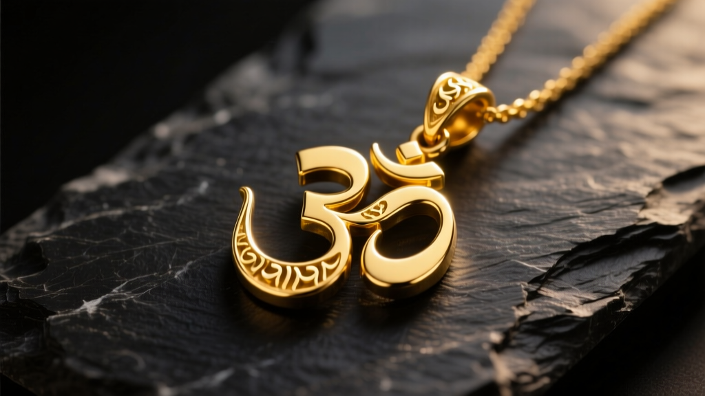 Solid 14k yellow gold Om pendant on dark slate, highlighting intricate Sanskrit curves under warm, directional studio lighting