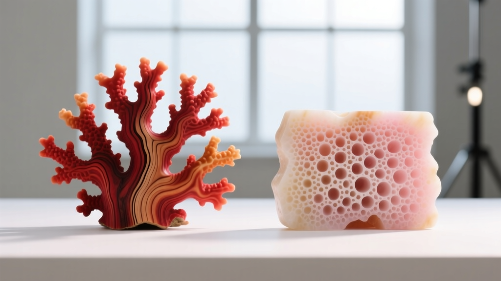 Macro comparison showing natural wood-grain striations of genuine red coral next to the uniform porous texture of dyed howlite.