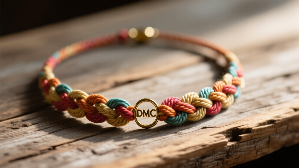 Vibrant macrame DMC necklace resting on rustic wood, highlighting mercerized cotton thread texture and a small brass clasp.