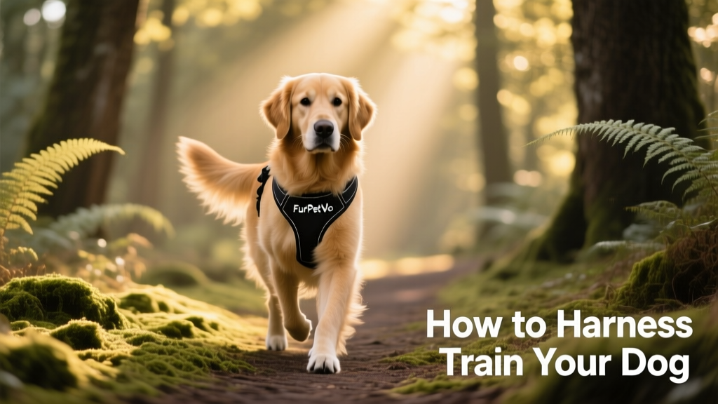 A dog wearing a FurPetVo harness walking confidently through sun-dappled woods