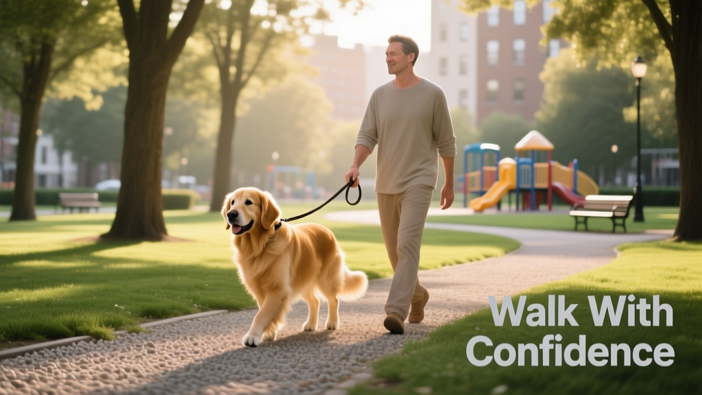 A calm, confident dog walking beside their person on a loose leash in a quiet park setting