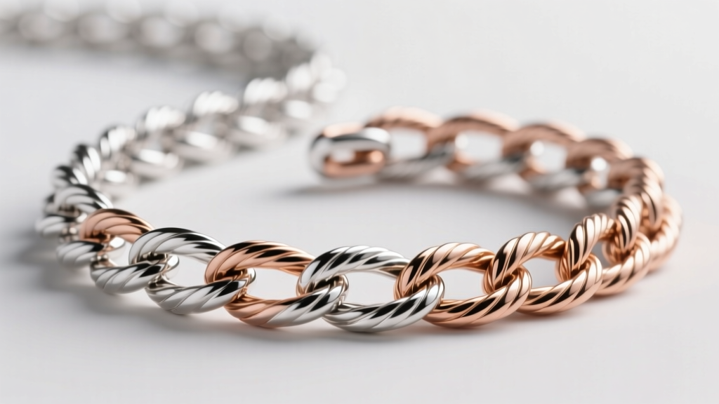 Macro photography of a sterling silver and 14k rose gold intertwined rope chain showing precise soldered links and polished finish
