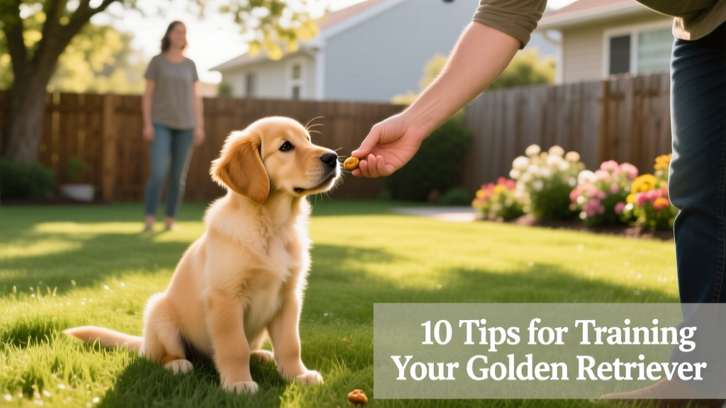 Golden Retriever puppy sitting attentively while owner offers a treat during a sunny backyard training session