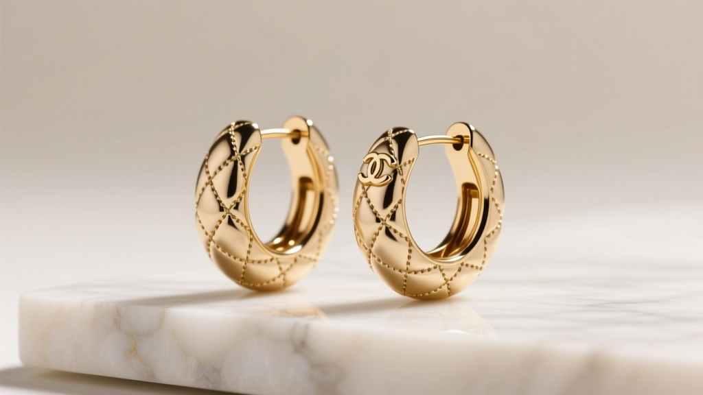 Close up of Chanel Coco Crush 18k beige gold quilted huggie earrings on a marble surface with soft studio lighting