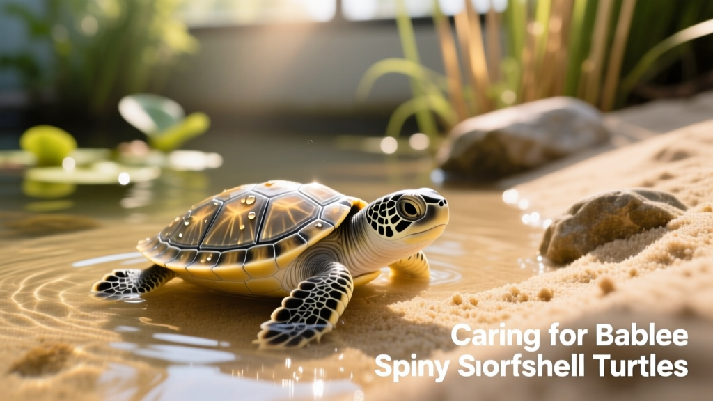 Baby spiny softshell turtle resting on a sandy substrate in shallow water with a basking area visible