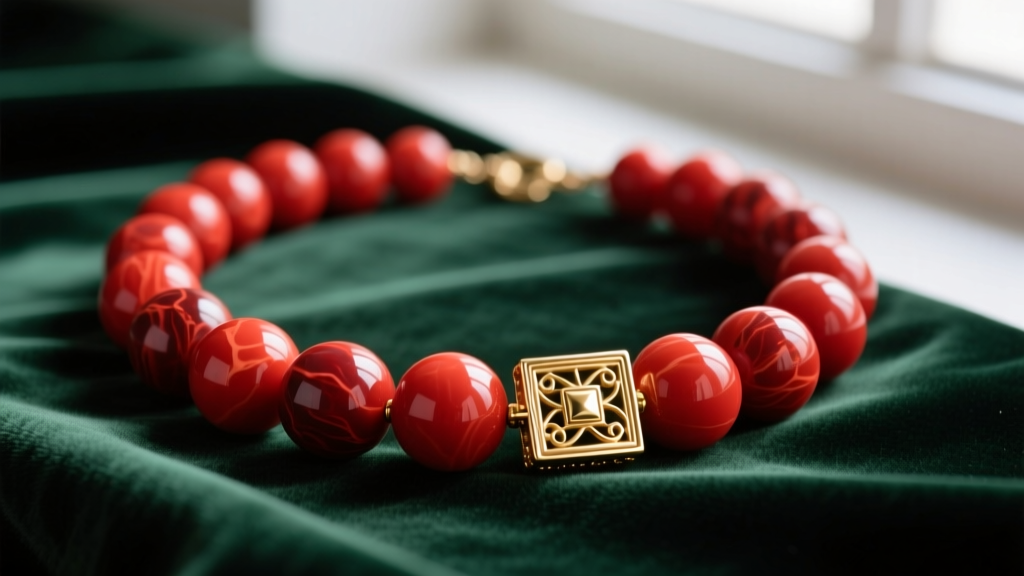 Close-up of a vintage chunky red coral necklace with large 15mm spherical beads and a gold box clasp on dark green velvet fabric.
