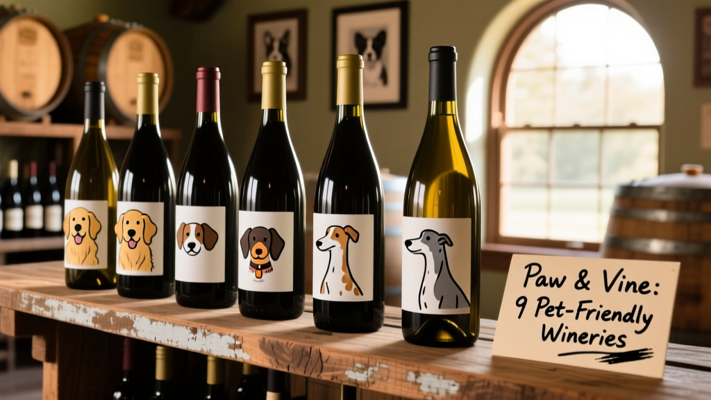 Close-up of wine bottles with dog-themed labels displayed on a rustic wooden shelf at a tasting room