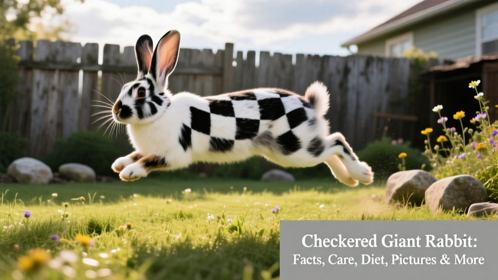 A Checkered Giant rabbit hopping playfully across grassy yard, ears perked and tail visible