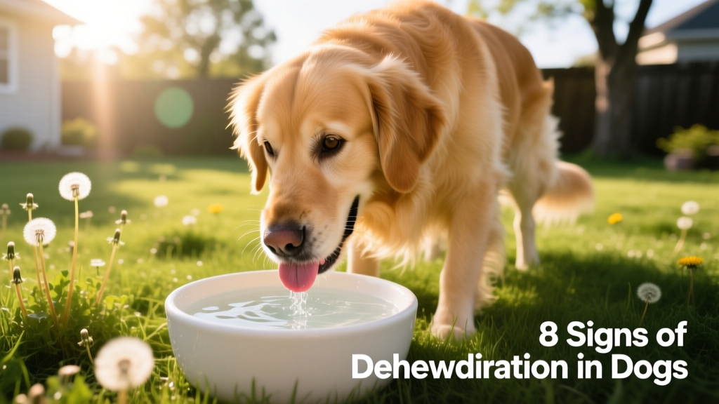 Happy, well-hydrated dog drinking fresh water from a clean bowl outdoors