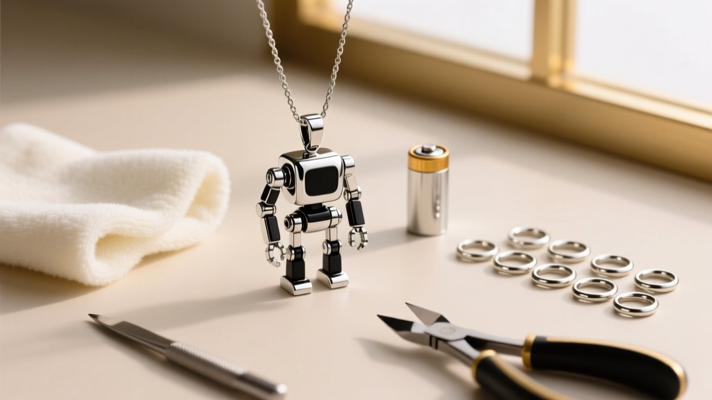 Flat lay of jewelry tools including a polishing cloth, 16-gauge split rings, and a battery next to a kinetic robot pendant.