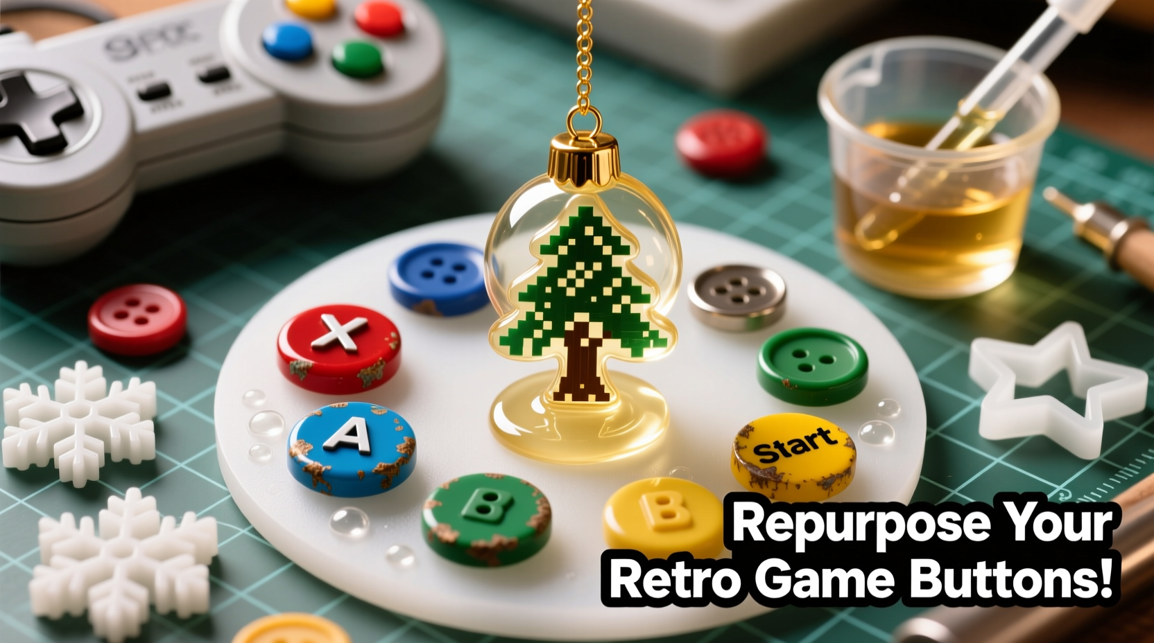 how to repurpose old gaming controller buttons into tiny tree ornaments with epoxy resin