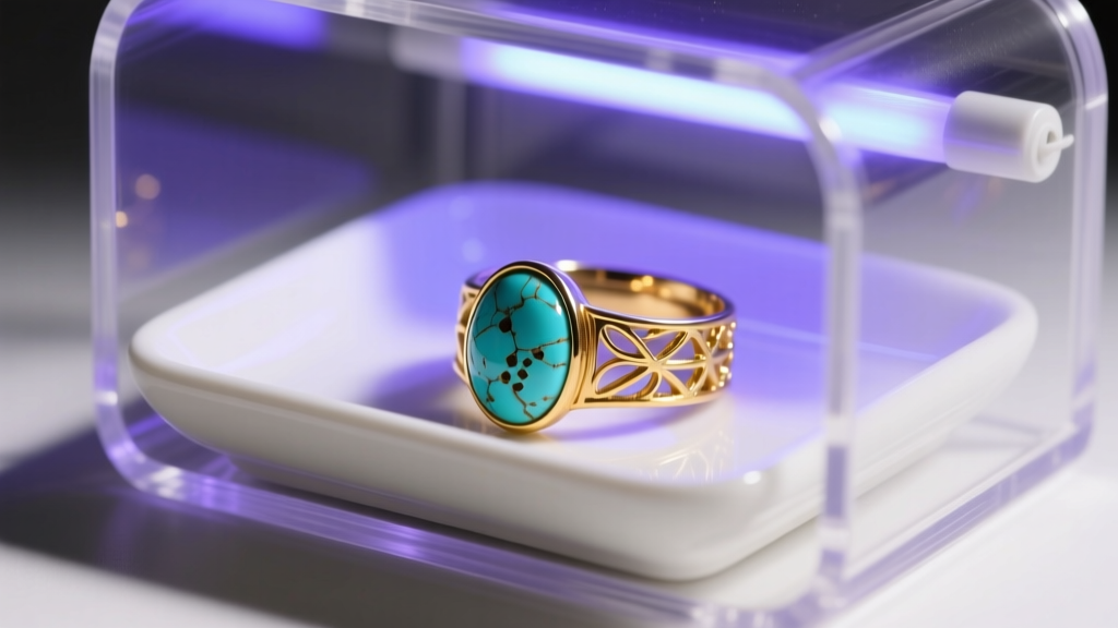 Macro shot of an 18k gold ear cuff with porous turquoise on a white ceramic tray inside a glowing UV-C light sanitizer device.