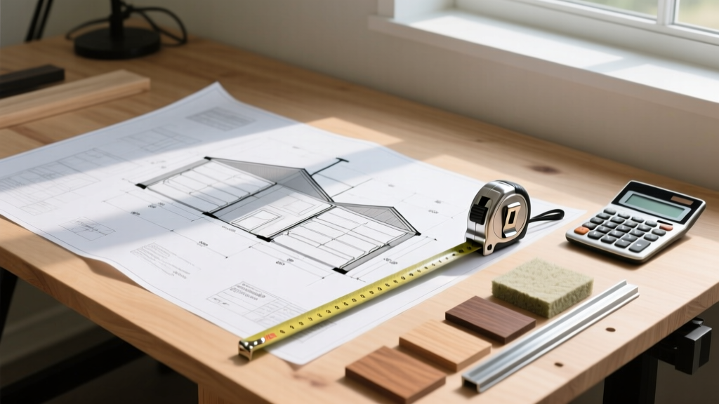 Architectural blueprints for a two-car garage spread over a wooden workbench next to a tape measure, calculator, and material samples