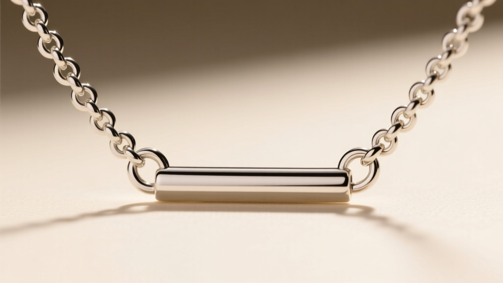 Macro shot of a 2.0mm sterling silver rolo chain and sturdy lobster clasp attached to a horizontal charm bar pendant.