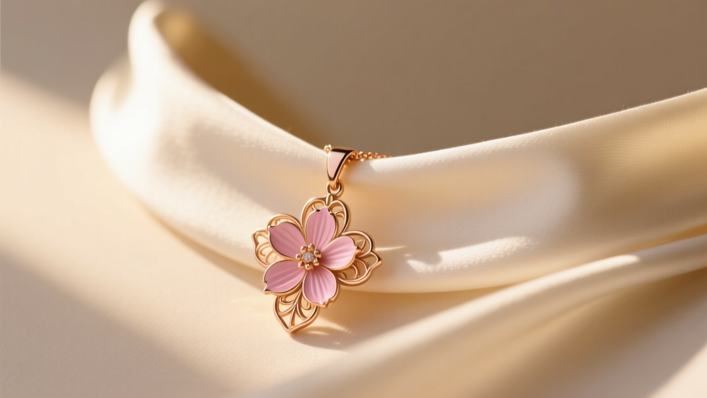 Delicate 14k rose gold wildflower pendant on a silk-draped collarbone, soft morning sunlight highlighting the pink metal hue