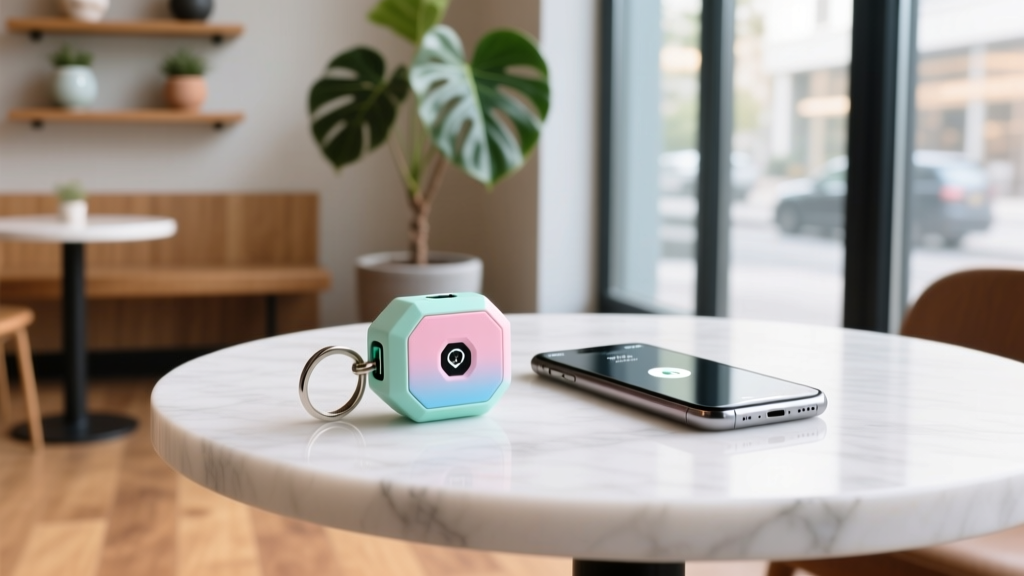 A sleek 2026 covert GPS tracker disguised as a pastel aesthetic keychain toy resting on a modern cafe table next to a smartphone
