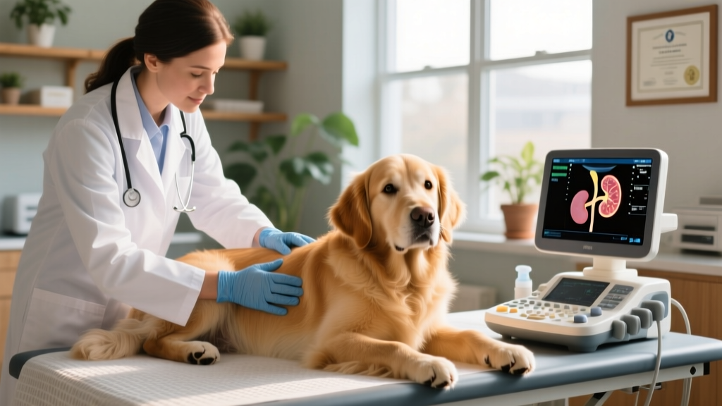 Veterinarian gently examining a calm dog while holding a portable ultrasound device nearby