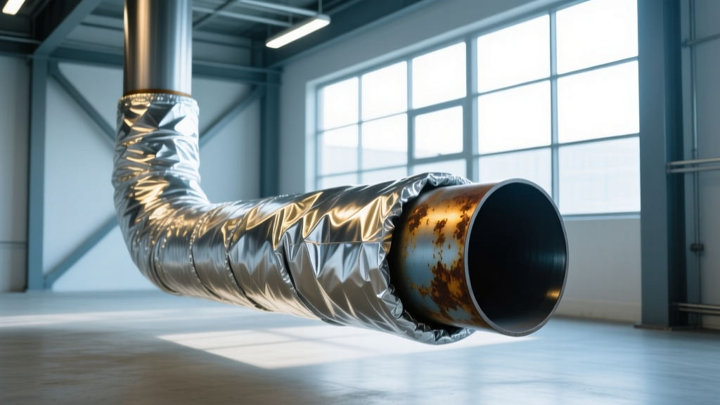 Foil-faced ceramic fiber blanket wrapped tightly around a high-temperature steel exhaust pipe in a commercial mechanical room