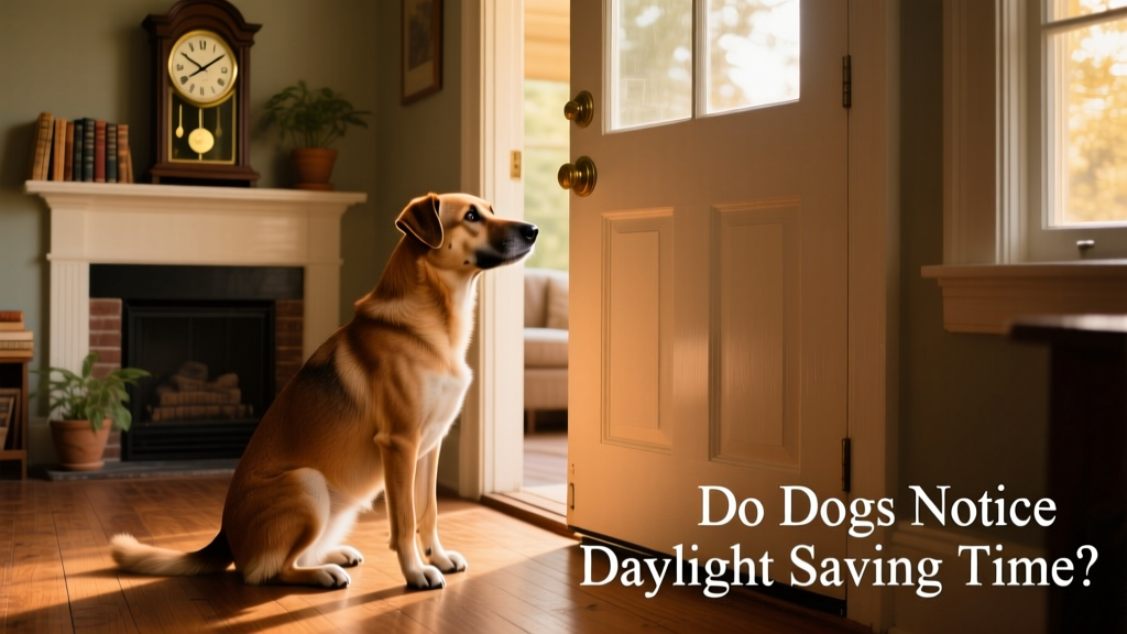 A dog looking expectantly at the front door while glancing at a wall clock, showing anticipation and routine awareness