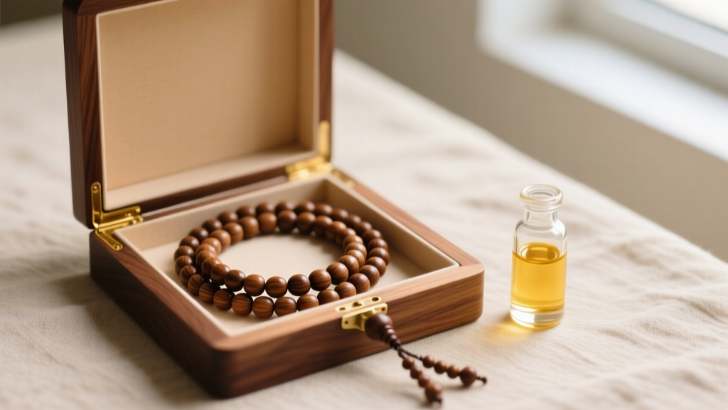 Finished sandalwood mala coiled neatly inside a lined cedar storage box, resting beside a small glass vial of essential oil.
