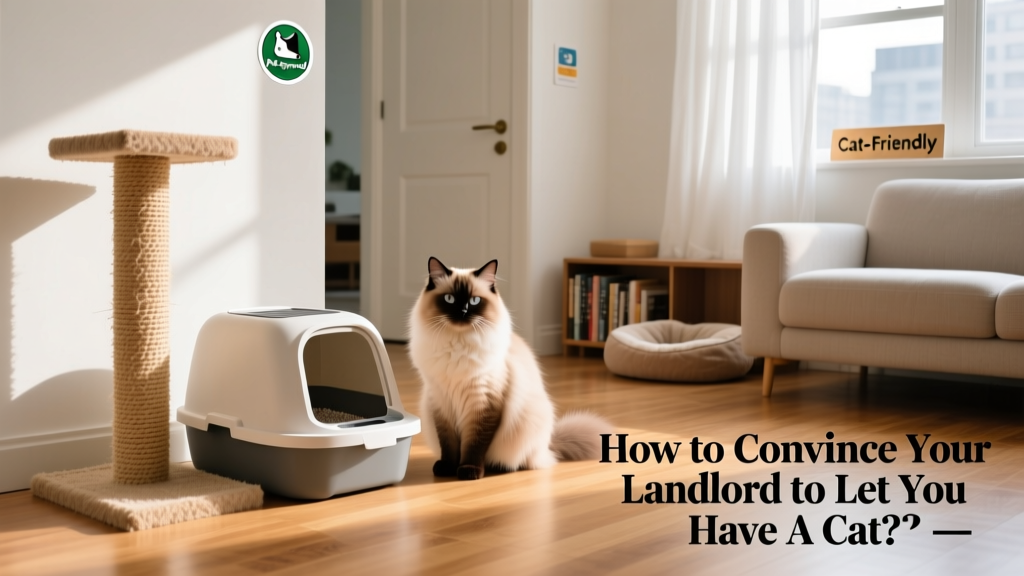 A well-groomed, calm cat sitting beside a tidy litter box and scratching post in a bright, clean apartment living room