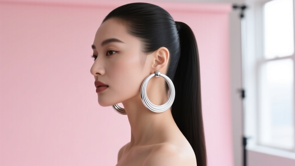 Woman with high ponytail wearing 70mm rhodium-plated sterling silver oversized hoop earrings against a soft pink studio backdrop.