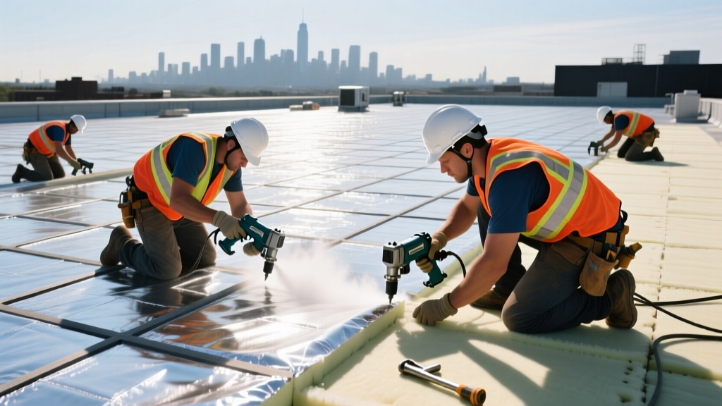 Roofing crew installing foil-faced polyiso insulation boards on a flat commercial roof deck using pneumatic fasteners