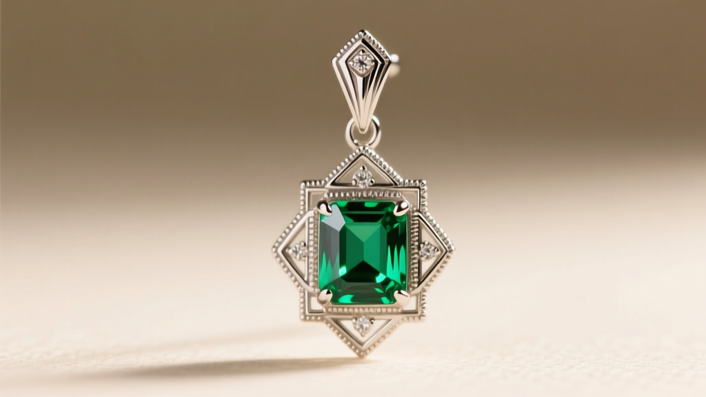 Macro shot of an Art Deco platinum emerald drop earring showing millegrain detailing and a step-cut Colombian emerald gemstone