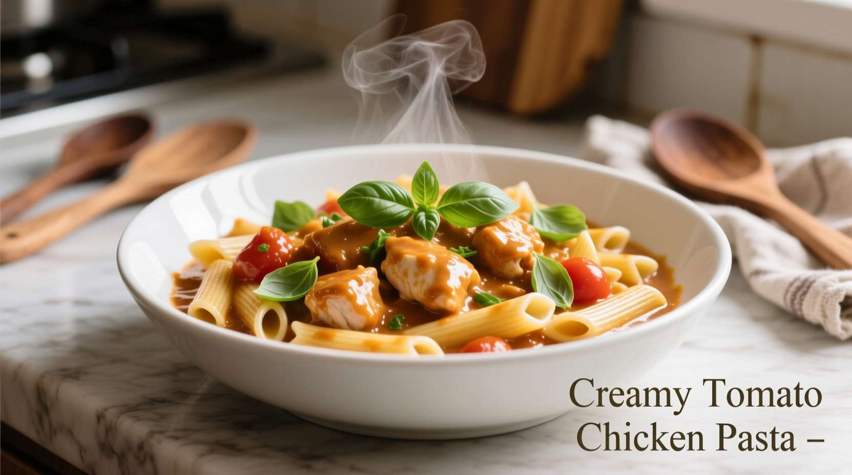 Creamy tomato chicken pasta in white bowl with basil garnish