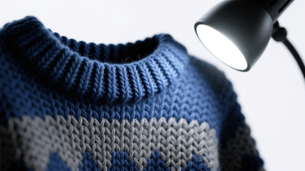 High-CRI LED task lamp illuminating a knitted fair isle swatch to show contrast between navy blue and charcoal grey yarns.