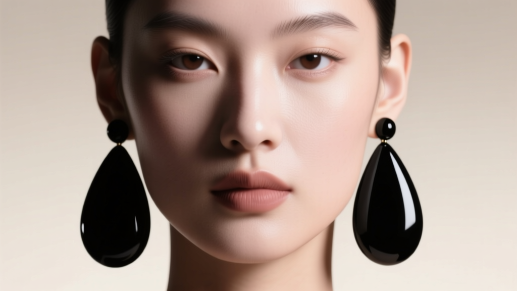 Model wearing oversized matte black acrylic teardrop earrings, studio lighting highlighting stark contrast against pale skin.