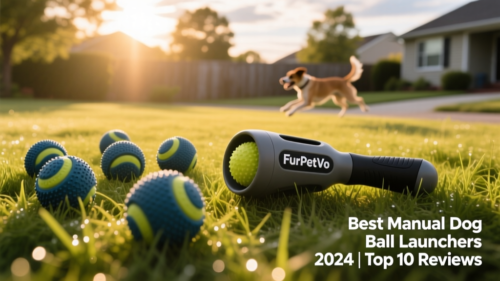 A compact FurPetVo manual thrower resting beside a set of durable rubber fetch balls on grass