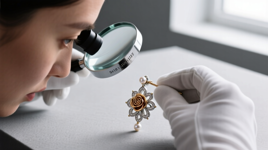 A jeweler using a loupe to inspect the hallmark and serial number engraved on the post of a pre-owned luxury floral earring