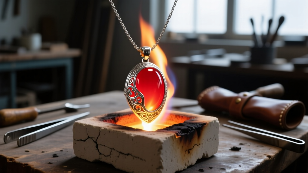 Glowing red-hot fine silver pendant being torch-fired on a ceramic fiber kiln block in a dimly lit artisan jewelry workshop
