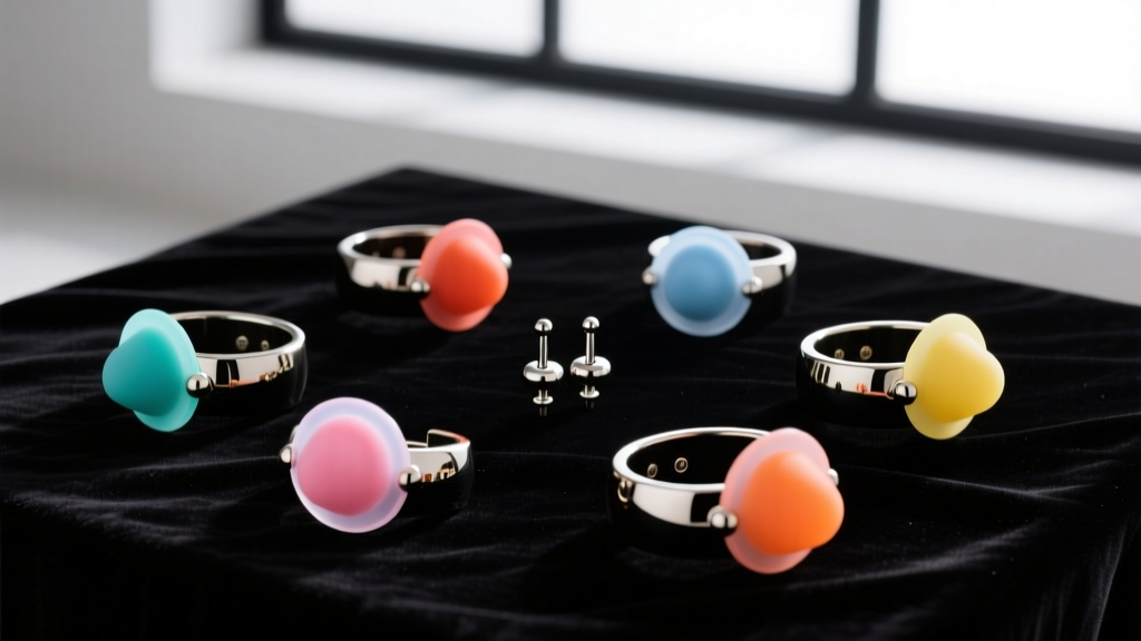 Flat lay of fake nipple piercing jewelry including magnetic cuffs and silicone shields on dark velvet, soft studio lighting