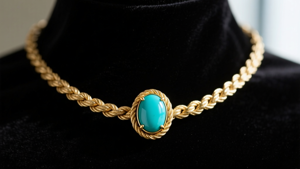 Macro shot of a vintage 14k gold Jackie Taylor necklace with textured rope chain and bezel-set turquoise cabochon on dark velvet.
