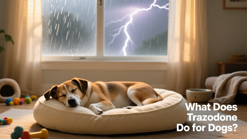 A calm dog resting peacefully on a soft bed during a thunderstorm, with rain visible through a window