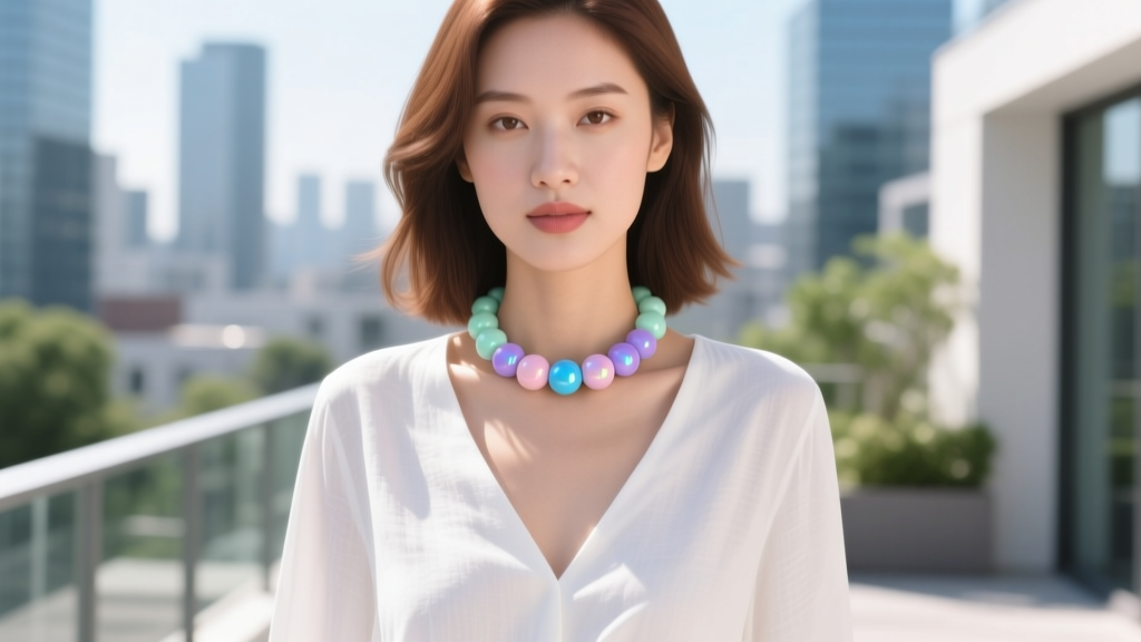 Woman wearing a 16-inch pastel polymer clay bead choker paired with a white linen V-neck blouse in bright natural sunlight
