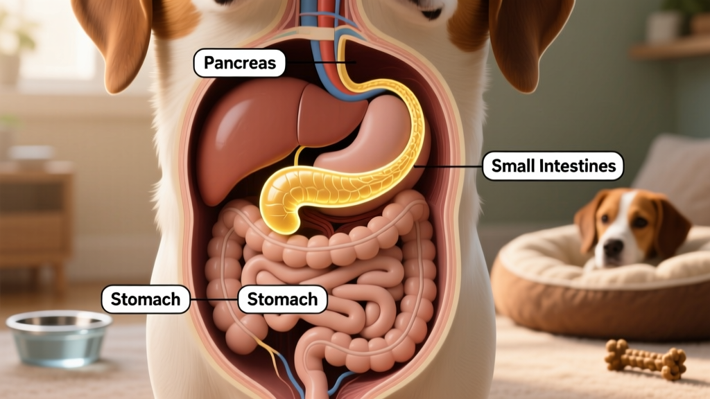 Illustration showing the location of the pancreas in a dog's abdomen, next to the stomach and intestines