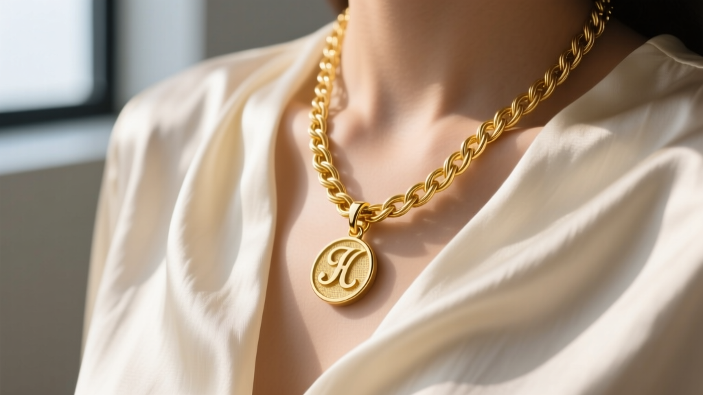 Close-up of a layered 14k yellow gold necklace set featuring a delicate cable chain and a custom initial pendant, resting on a silk blouse