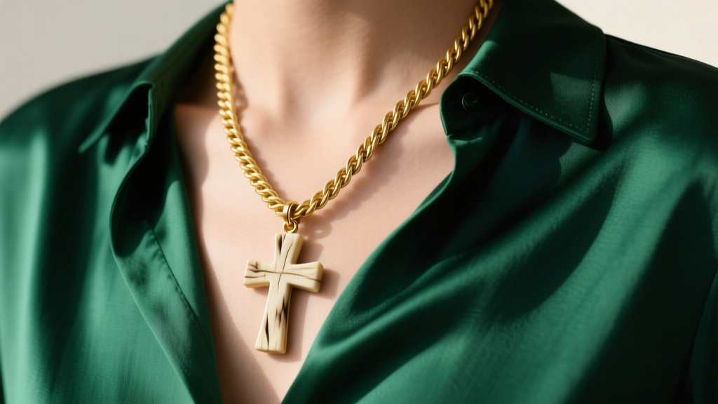 Delicate 18-inch 14k gold rope chain holding a small carved bone cross pendant, worn elegantly over a dark green silk blouse.